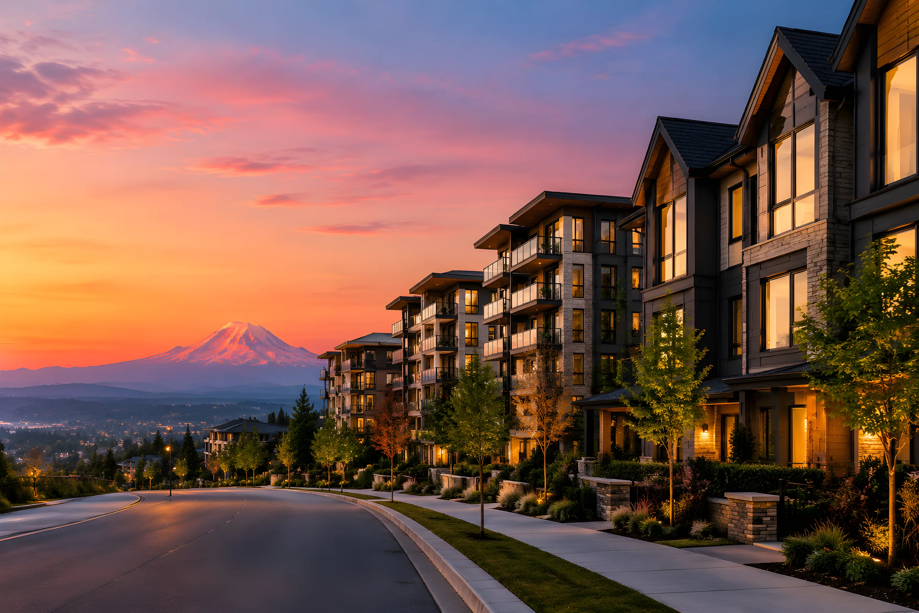 Abbotsford townhomes lit up at dusk with Mount Baker behind