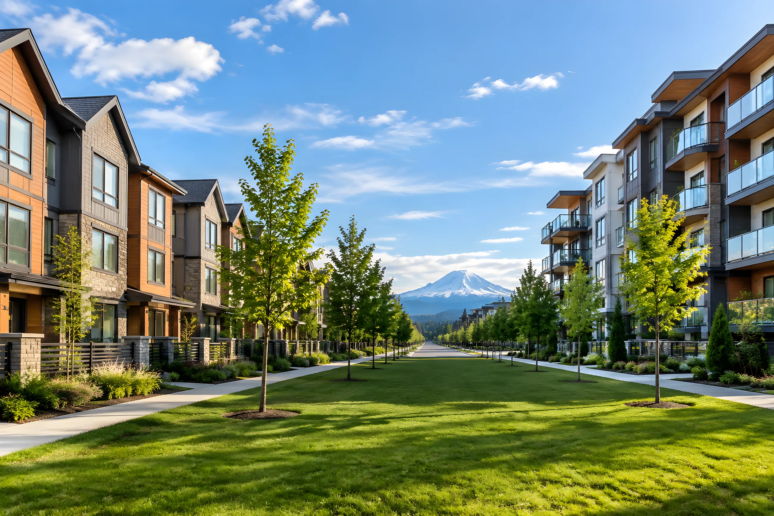 An Abbotsford townhouse row on the left and a mid-rise condo building on the right