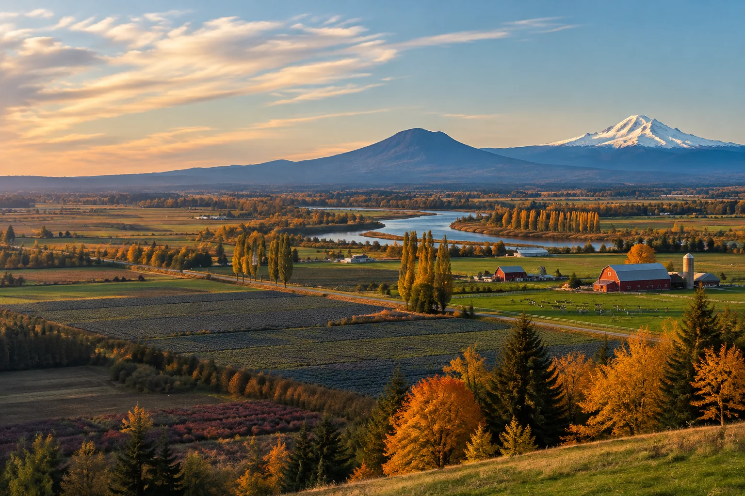 Abbotsford farm country in autumn, with Sumas Mountain and Mount Baker on the horizon