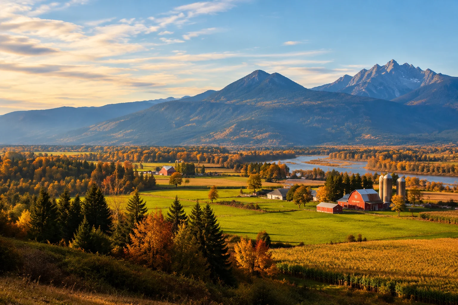 Chilliwack farm country in autumn, with Elk Mountain and Cheam Peak on the horizon