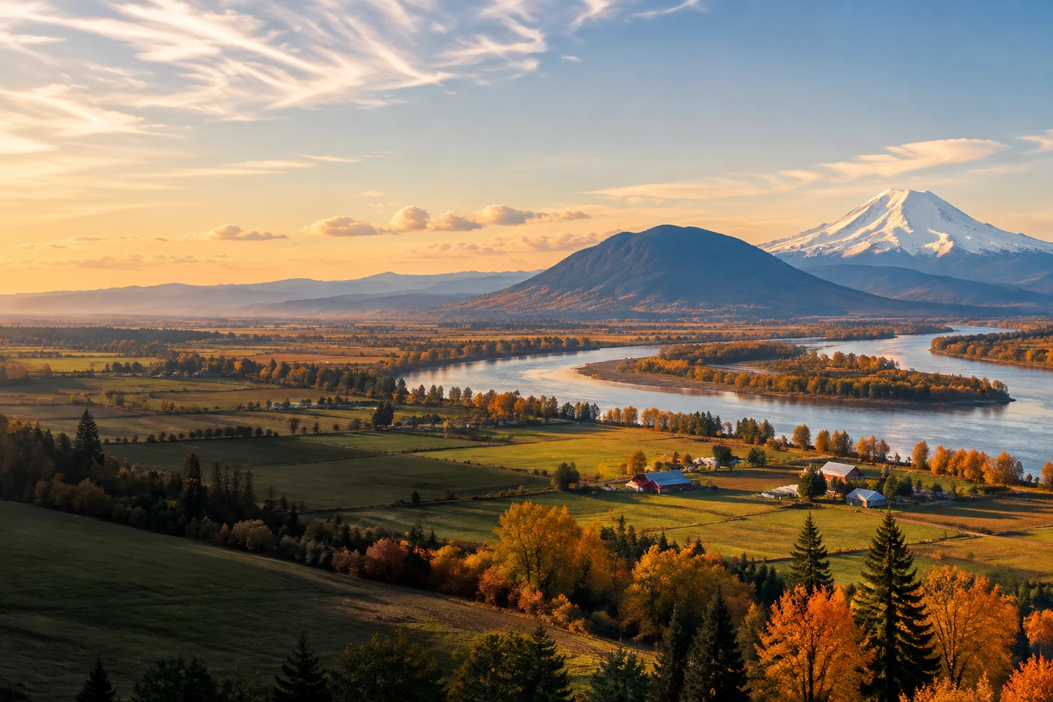 Fraser Valley farm country in autumn, with Sumas Mountain and Mount Baker on the horizon