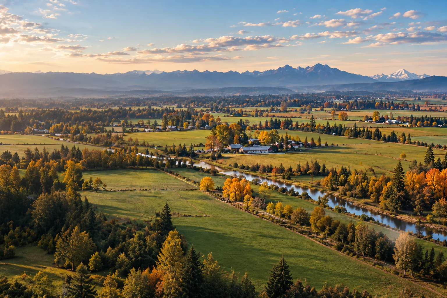Langley farm country in autumn, with the Golden Ears and Mount Baker on the horizon