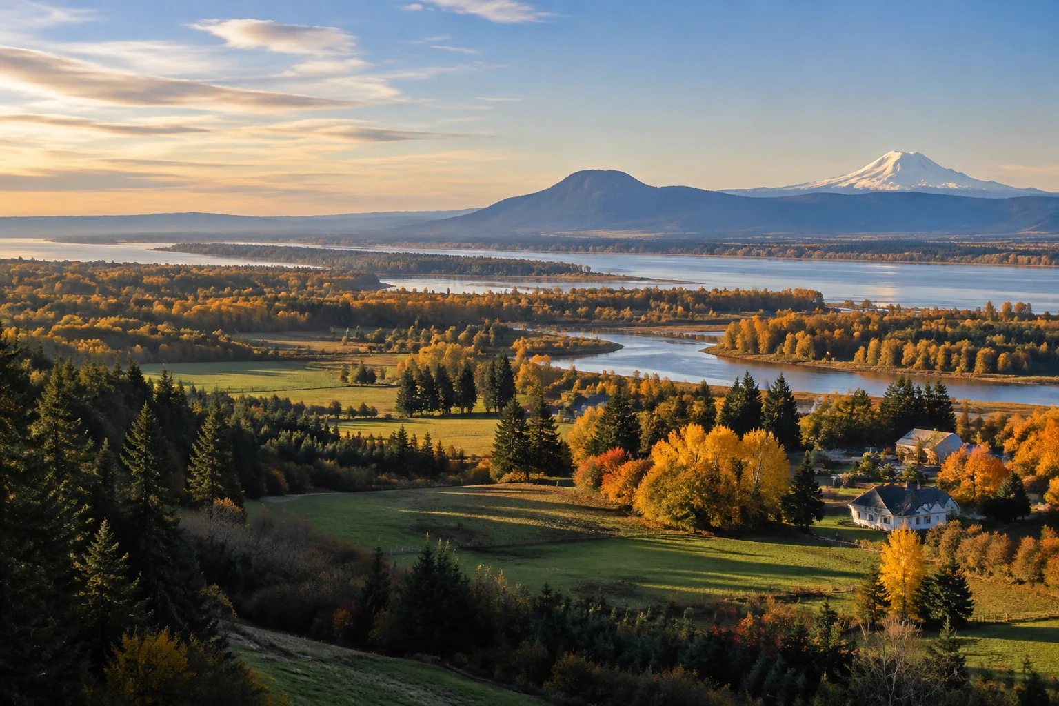 Mission acreage country above the Fraser River in autumn, with Sumas Mountain and Mount Baker on the horizon