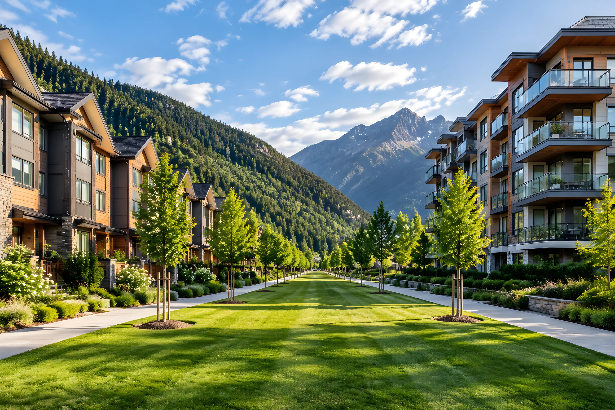 A Chilliwack townhouse row on the left and a mid-rise condo building on the right
