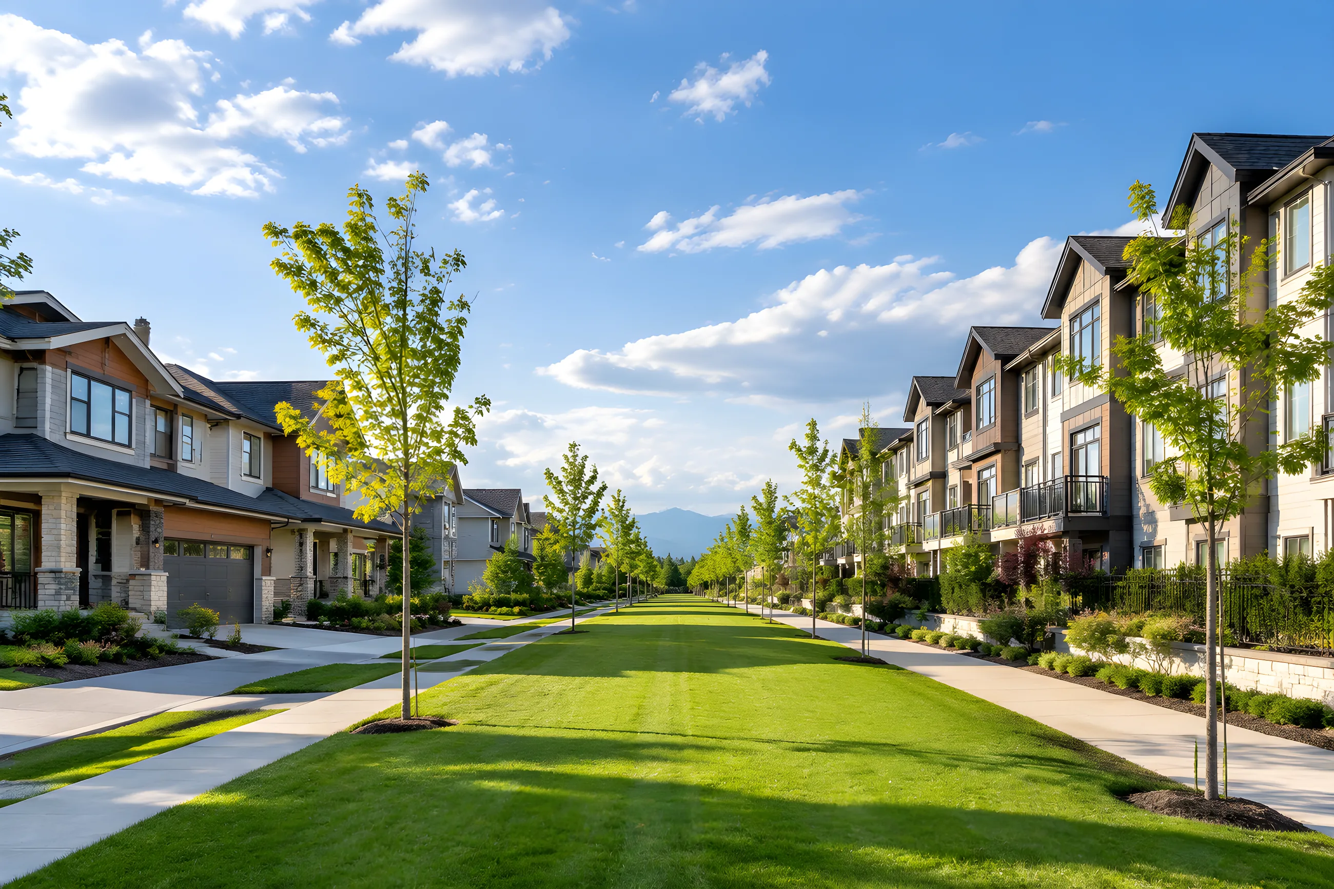 A pair of Surrey duplexes on the left and a townhouse row on the right