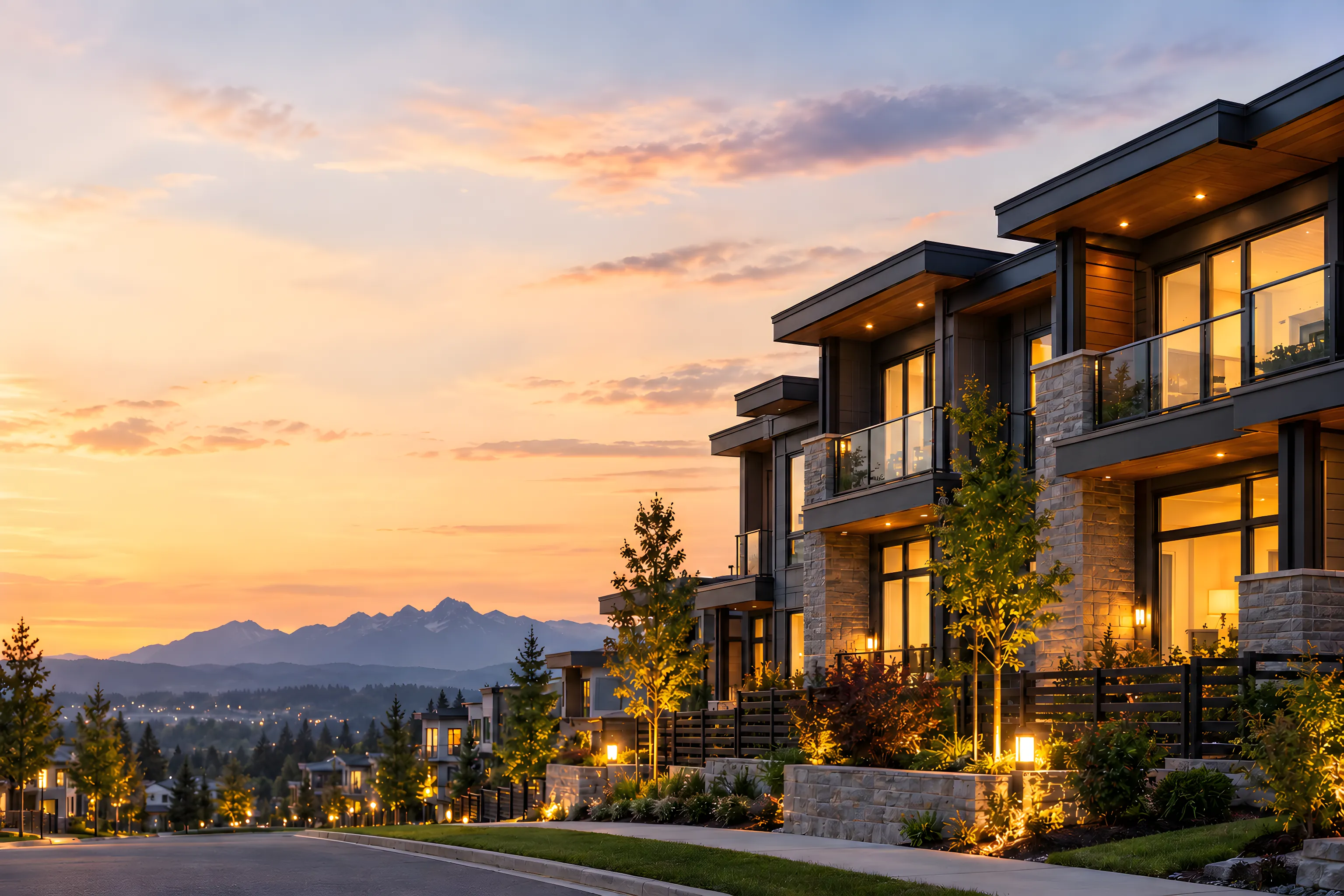 Modern Langley townhomes lit up at dusk with the Coast Mountains behind
