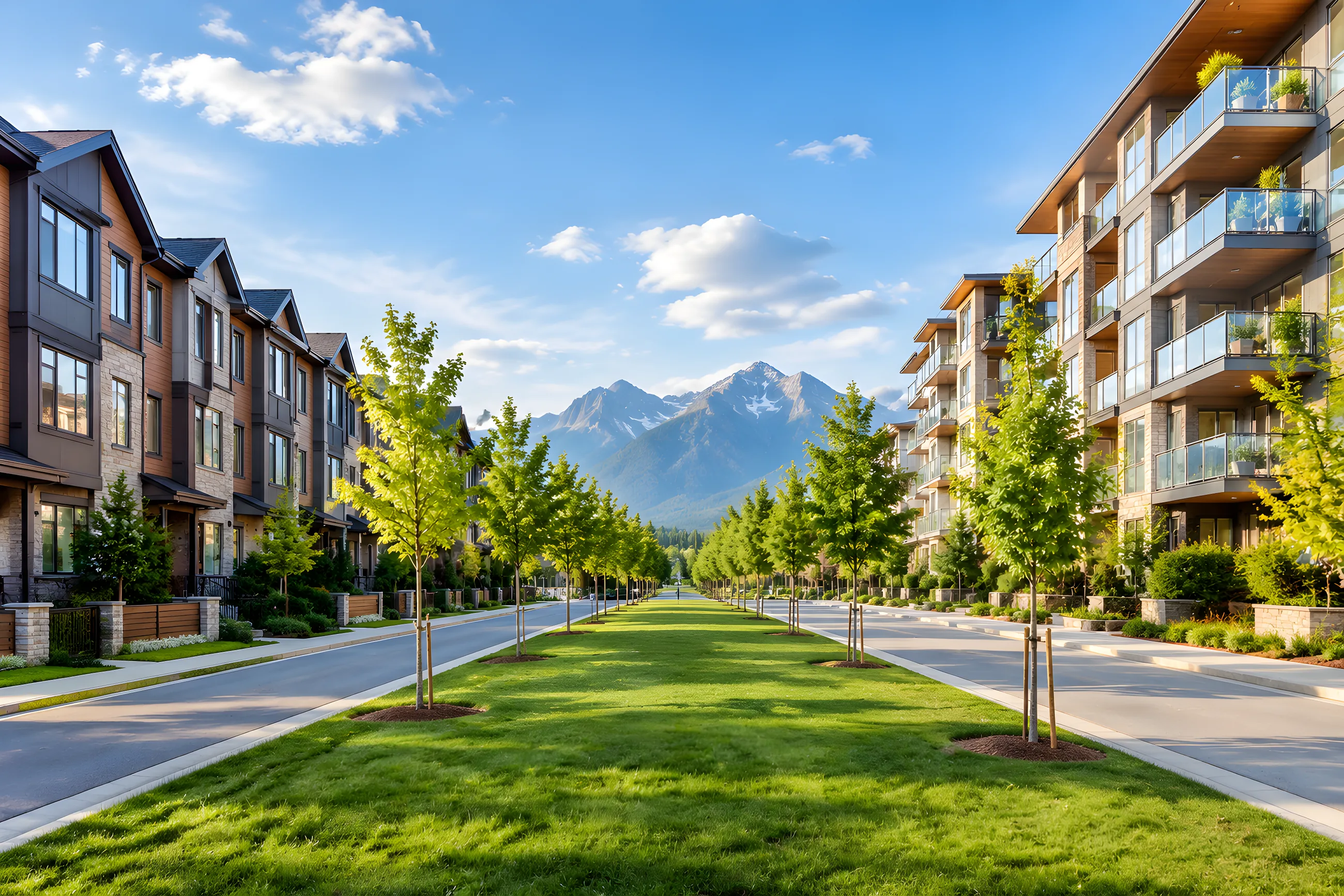 A Maple Ridge townhouse row on the left and a mid-rise condo building on the right