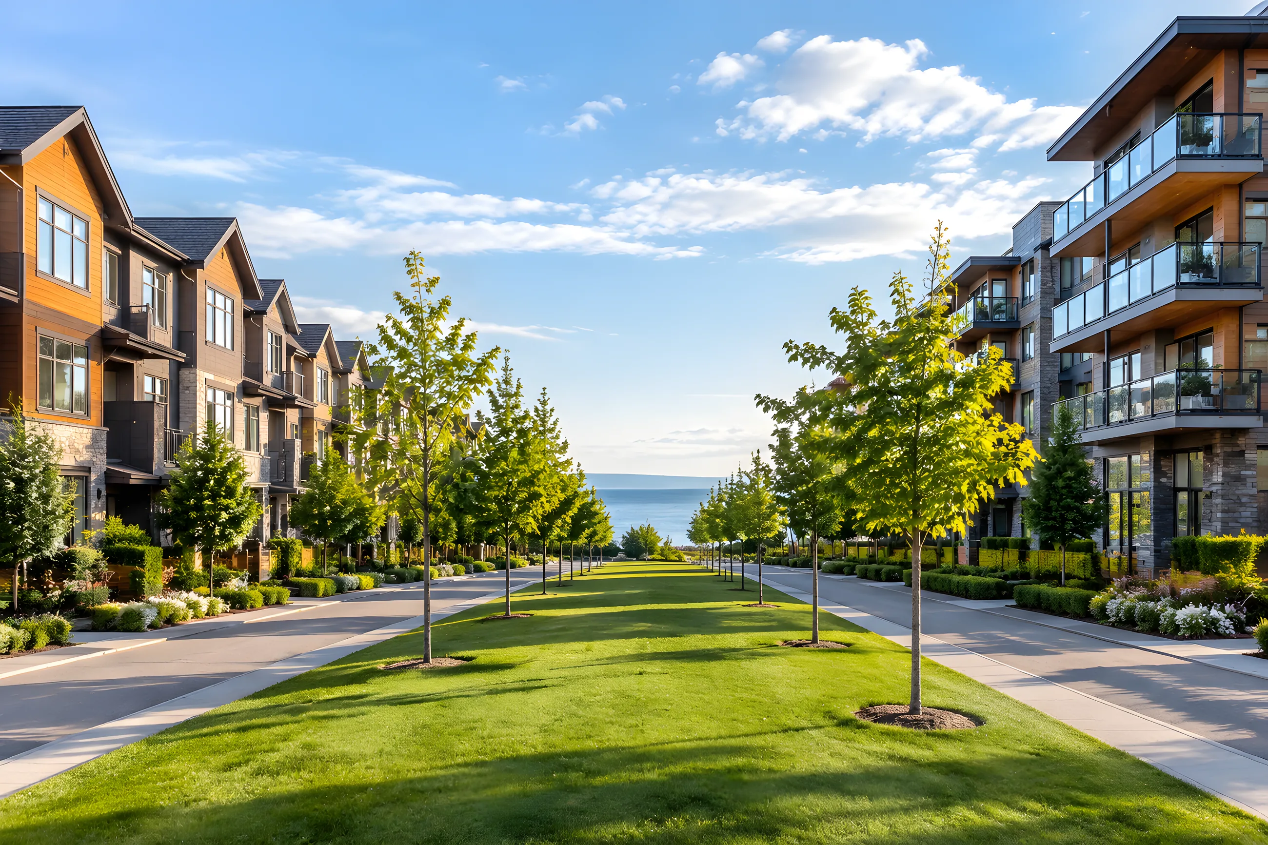 A South Surrey townhouse row on the left and a mid-rise condo building on the right