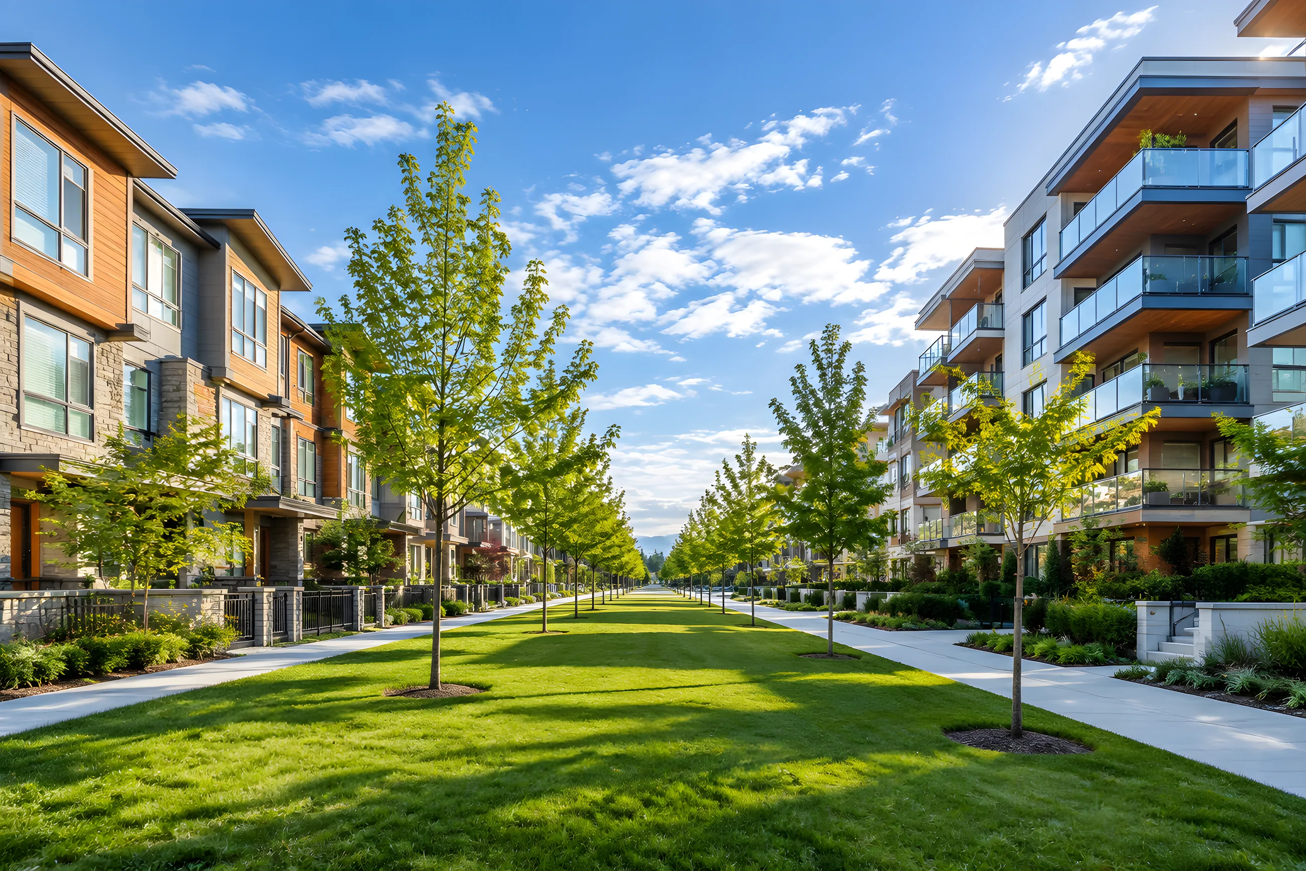 A Surrey townhouse row on the left and a mid-rise condo building on the right