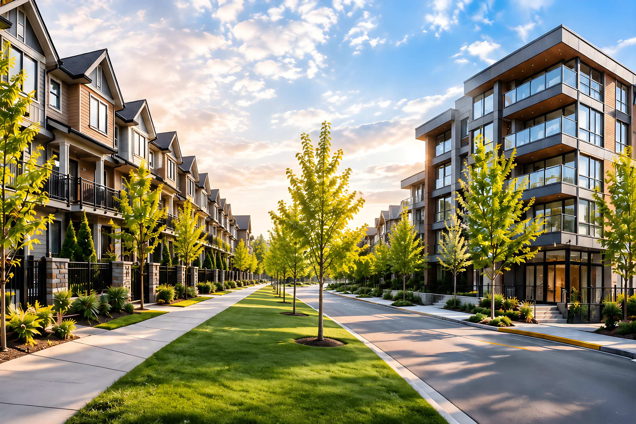 A Langley townhouse row on the left and a mid-rise condo building on the right