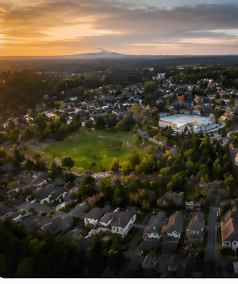 A golden hour aerial view of Langley BC neighbourhoods and homes