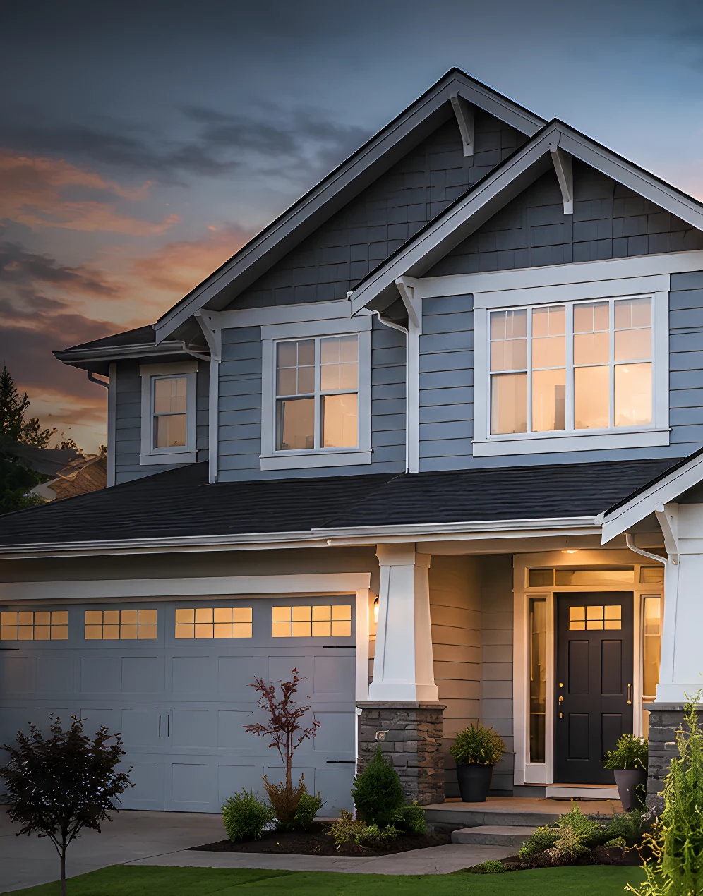 A craftsman style family home lit at dusk with a landscaped front yard