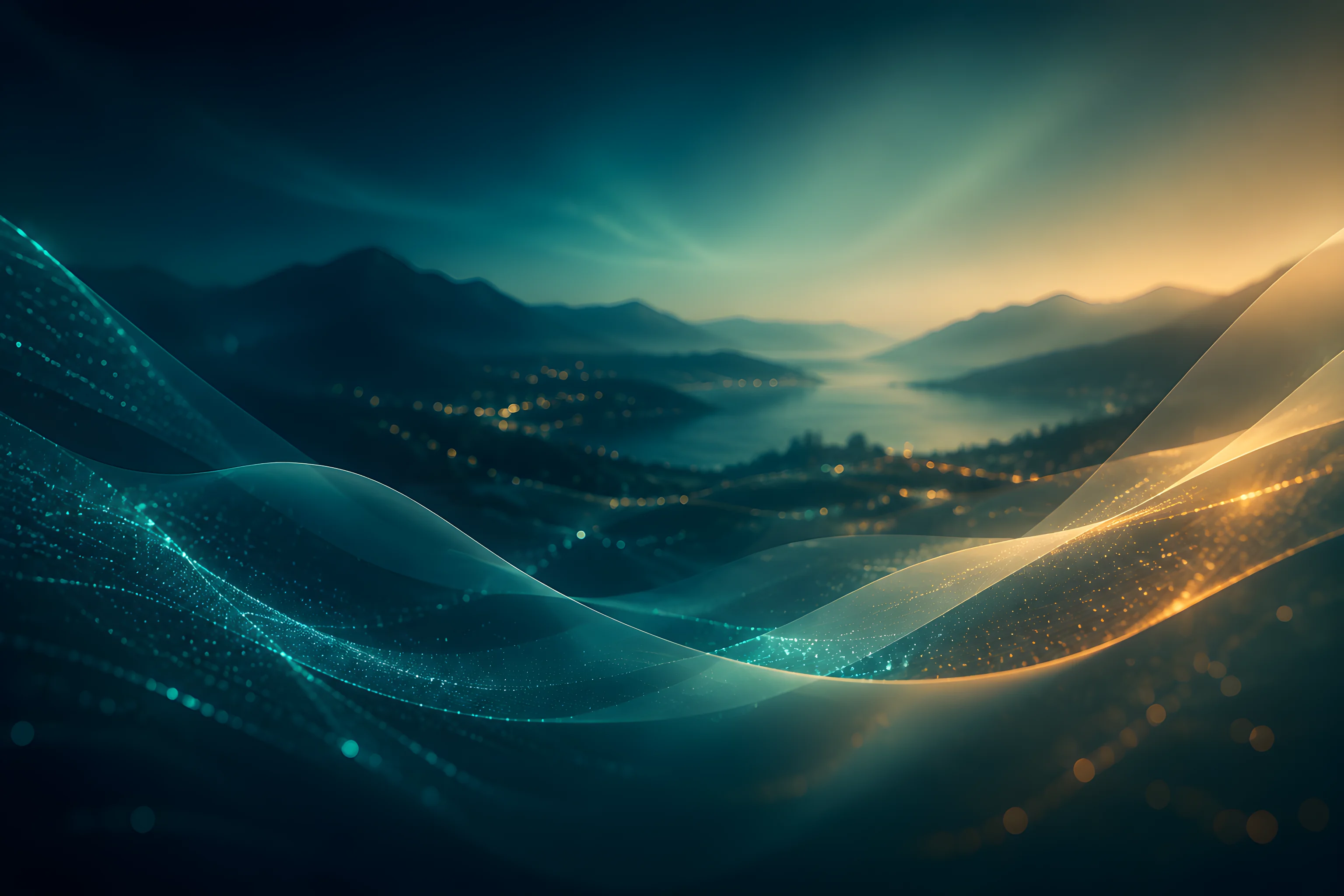 Teal and gold ribbons of light curving across a dark valley at night, with distant town lights below