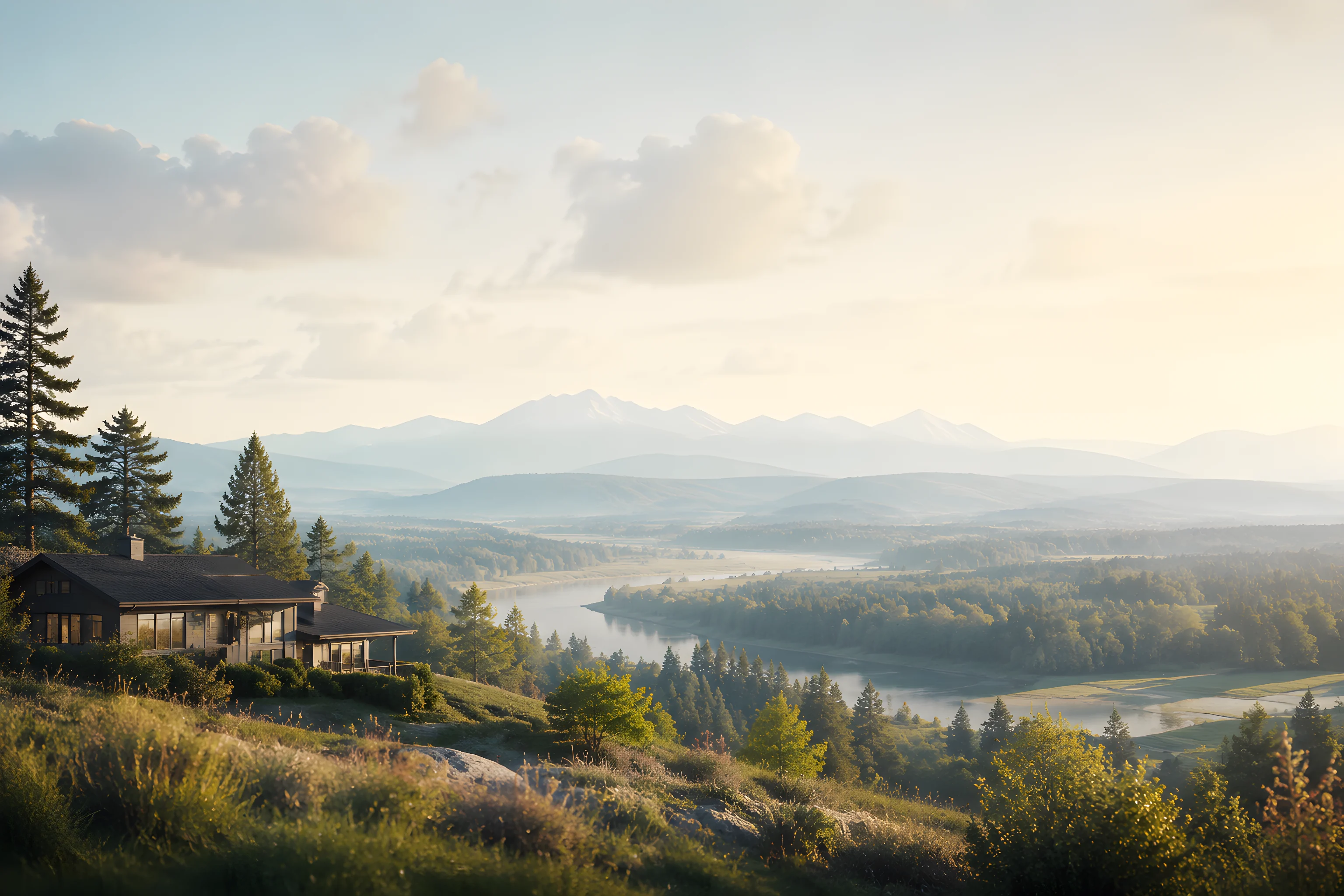 A wide morning view over a Fraser Valley river bend with a hillside home among the firs and mountains on the horizon