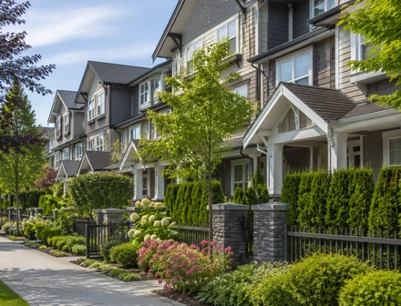 A row of three storey townhomes with landscaped yards in Abbotsford BC