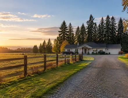 A detached house with a long driveway and farm fields behind in Aldergrove, Langley BC