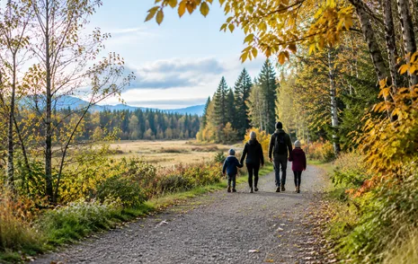 A family walking a forest trail in a regional park near Aldergrove, Langley BC