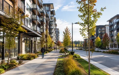 New mid rise mixed use buildings with shops at street level in Aldergrove, Langley BC