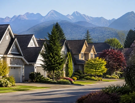 A street of detached family homes with the Coast Mountains behind, homes for sale in Langley BC