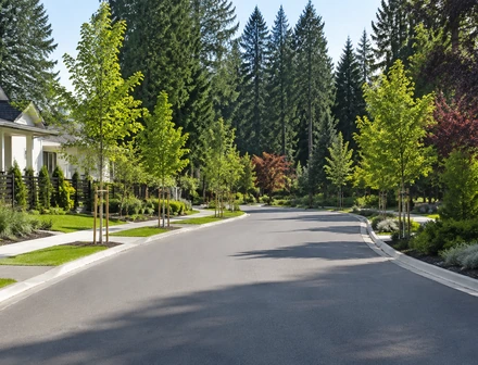 A landscaped walkway through a growing residential community in Langley BC