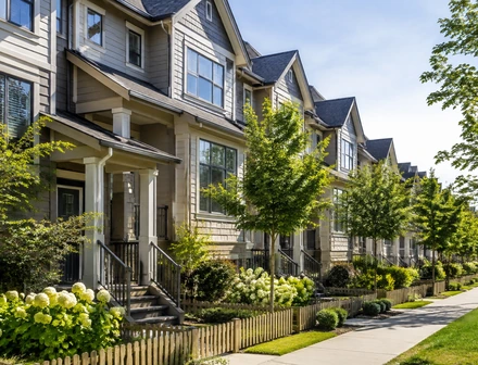 A row of three storey townhomes on a landscaped street in Langley BC