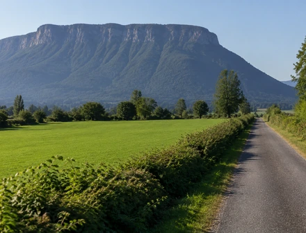Farmland and a rural road with Mount Cheam behind, acreage for sale near Chilliwack BC