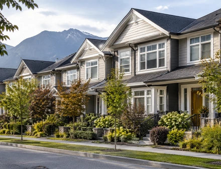 A row of townhomes on a landscaped street in Chilliwack BC