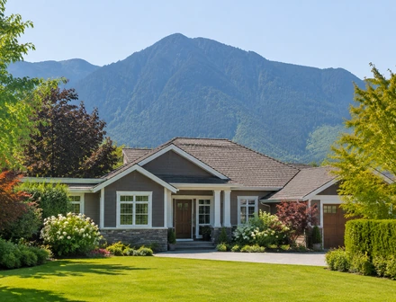 A detached family house with mountains behind it, houses for sale in Chilliwack BC