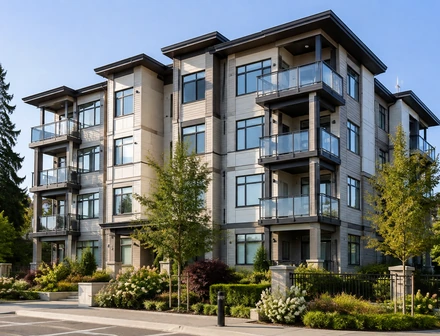 A low rise condo building with glass balconies, condos for sale in Clayton Heights, Surrey BC