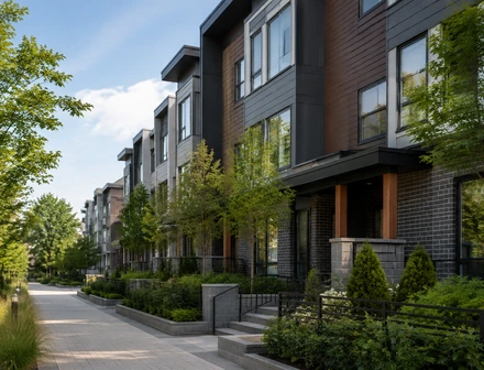 A row of newer three storey townhomes on a landscaped street, townhouses for sale in Clayton Heights, Surrey BC