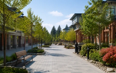 A landscaped town centre plaza with low rise buildings and young street trees in Surrey BC