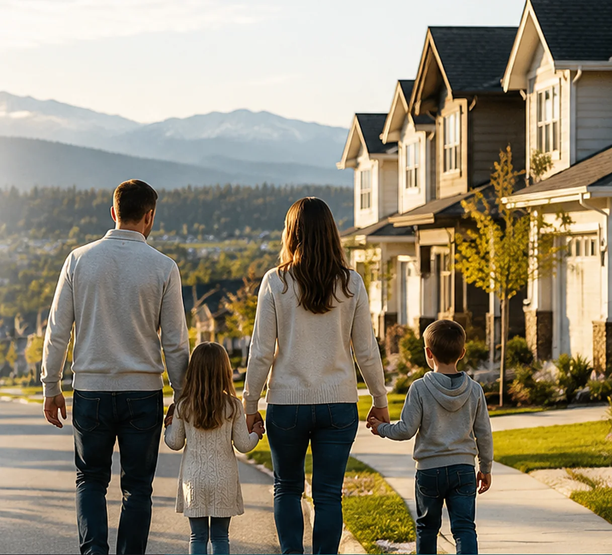 A golden hour street of detached family homes in Cloverdale, Surrey BC