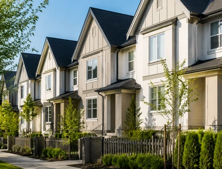 A long row of three storey townhomes on a landscaped street, townhomes for sale in Cloverdale, Surrey