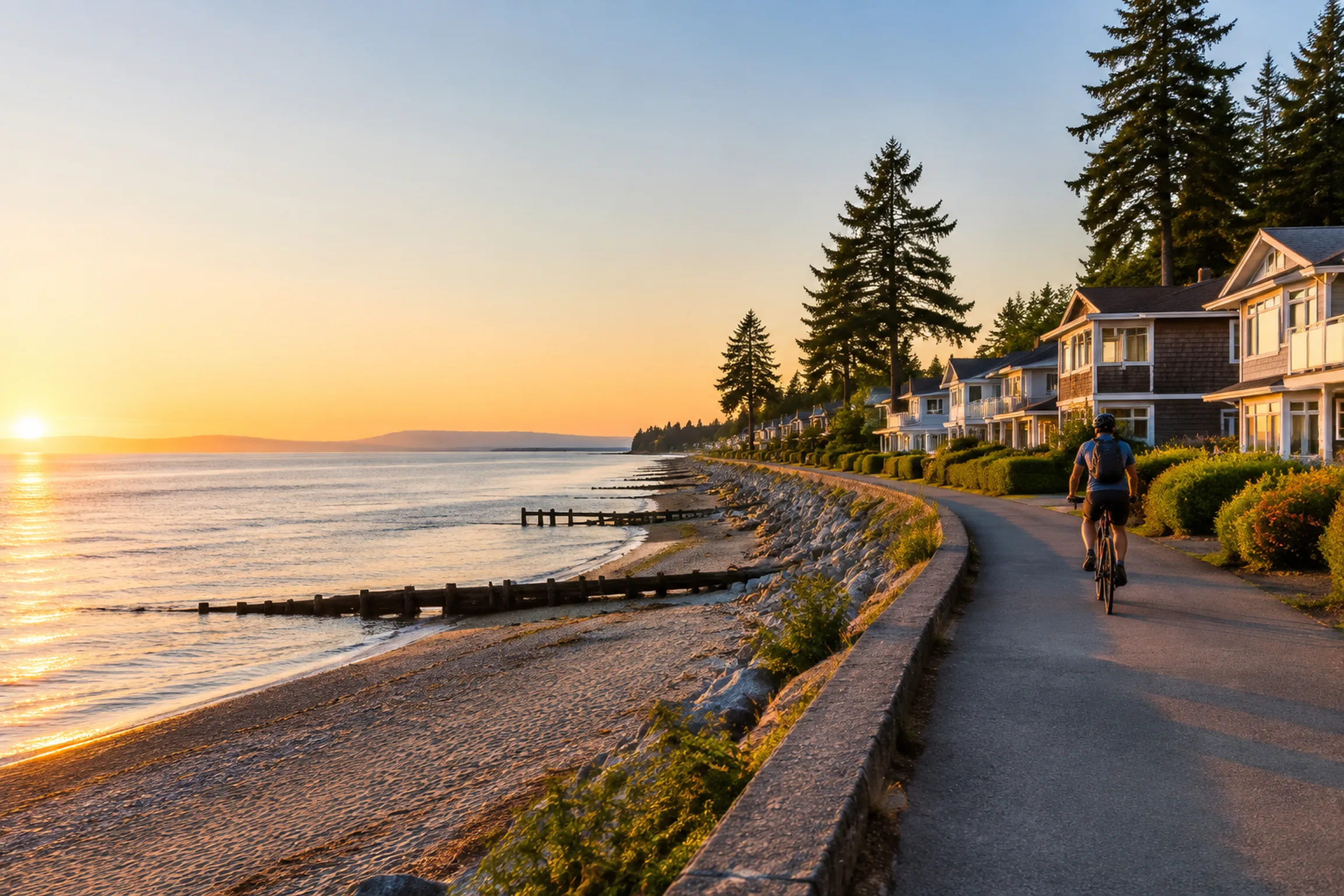 The Crescent Beach waterfront walkway and beach houses on Boundary Bay in South Surrey BC under an open evening sky