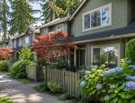 A short row of older townhomes with gardens, townhomes for sale near the Ocean Park village, South Surrey