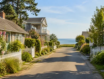 Beach houses along a short village street behind the dyke in Crescent Beach, South Surrey BC