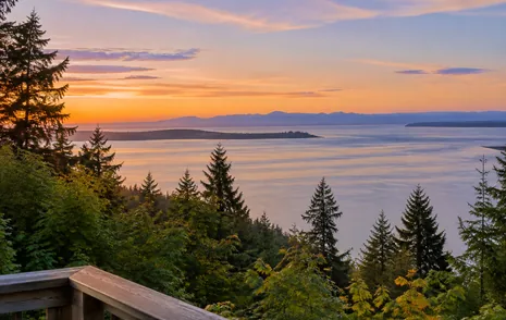 The view west from the Kwomais Point lookout over Semiahmoo Bay at dusk, Ocean Park, South Surrey