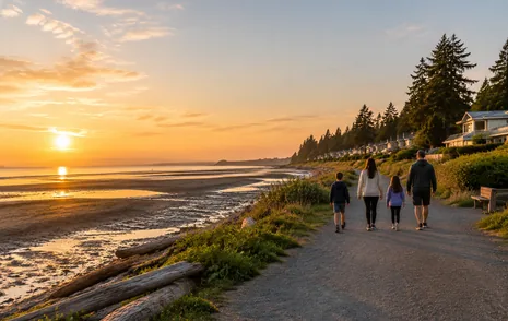 A family walking the waterfront path at Crescent Beach at low tide, South Surrey BC