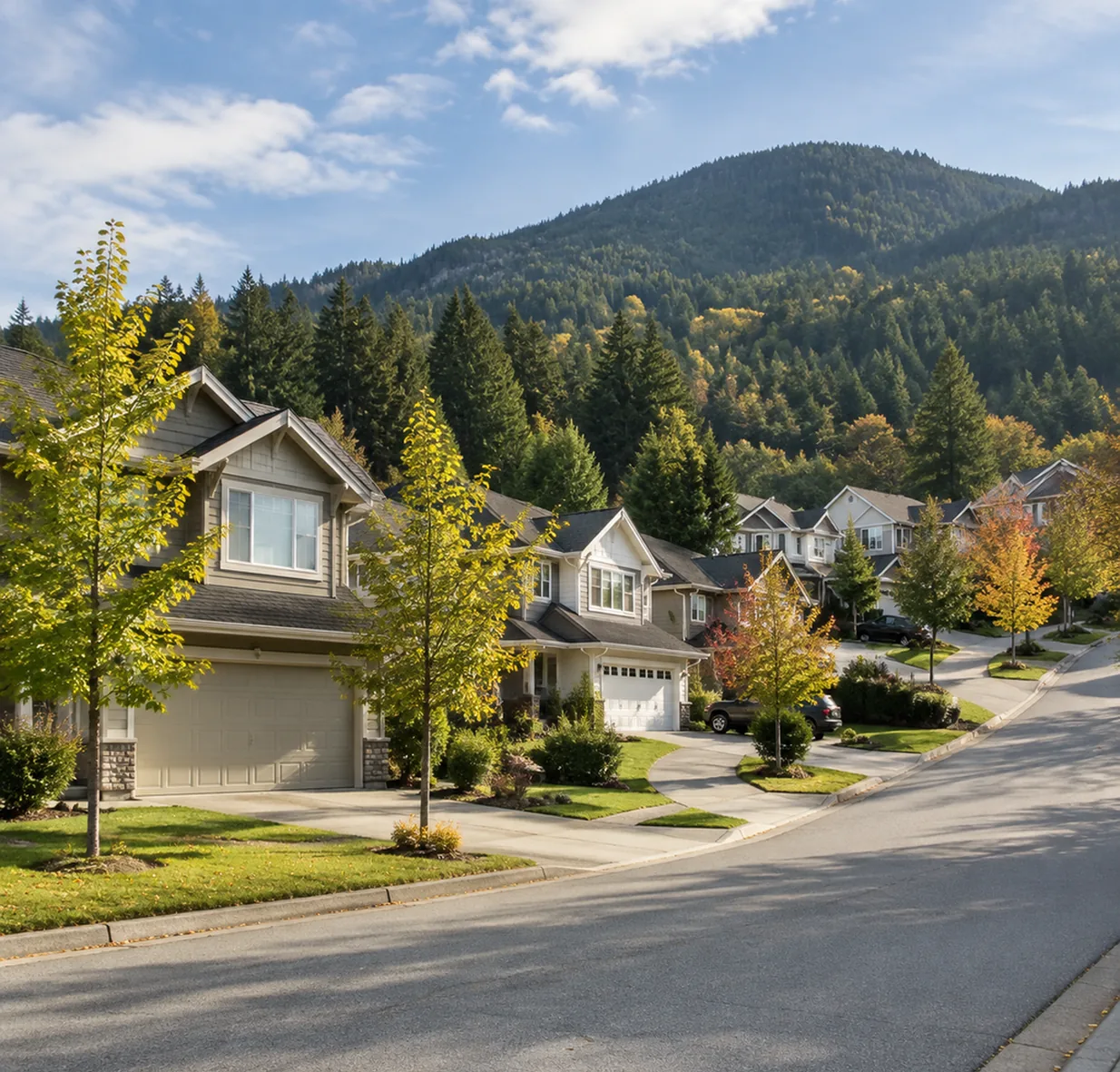 Detached family homes on a sloping street with the treed mountainside behind in East Abbotsford, BC
