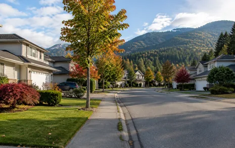 Detached family homes with garages and front lawns on a curving East Abbotsford street
