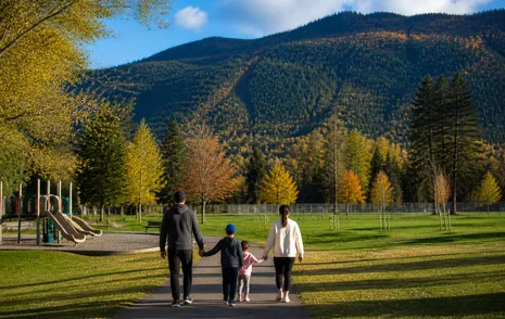 A family walking a paved park path with the Fraser Valley mountains behind in Abbotsford BC