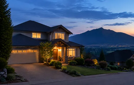 A detached family home lit at dusk on a hillside street in Abbotsford BC