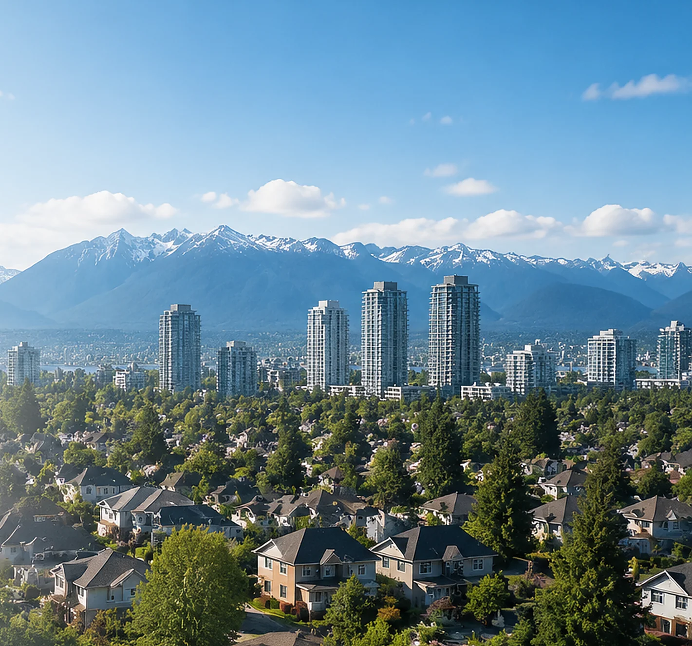 Detached homes and mature trees with towers beyond in Fleetwood, Surrey BC