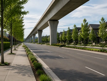 A new construction building beside an elevated SkyTrain guideway in Surrey BC
