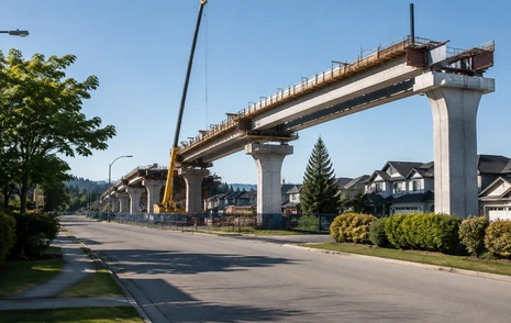 A SkyTrain station and train on an elevated guideway, homes near the Fleetwood SkyTrain station