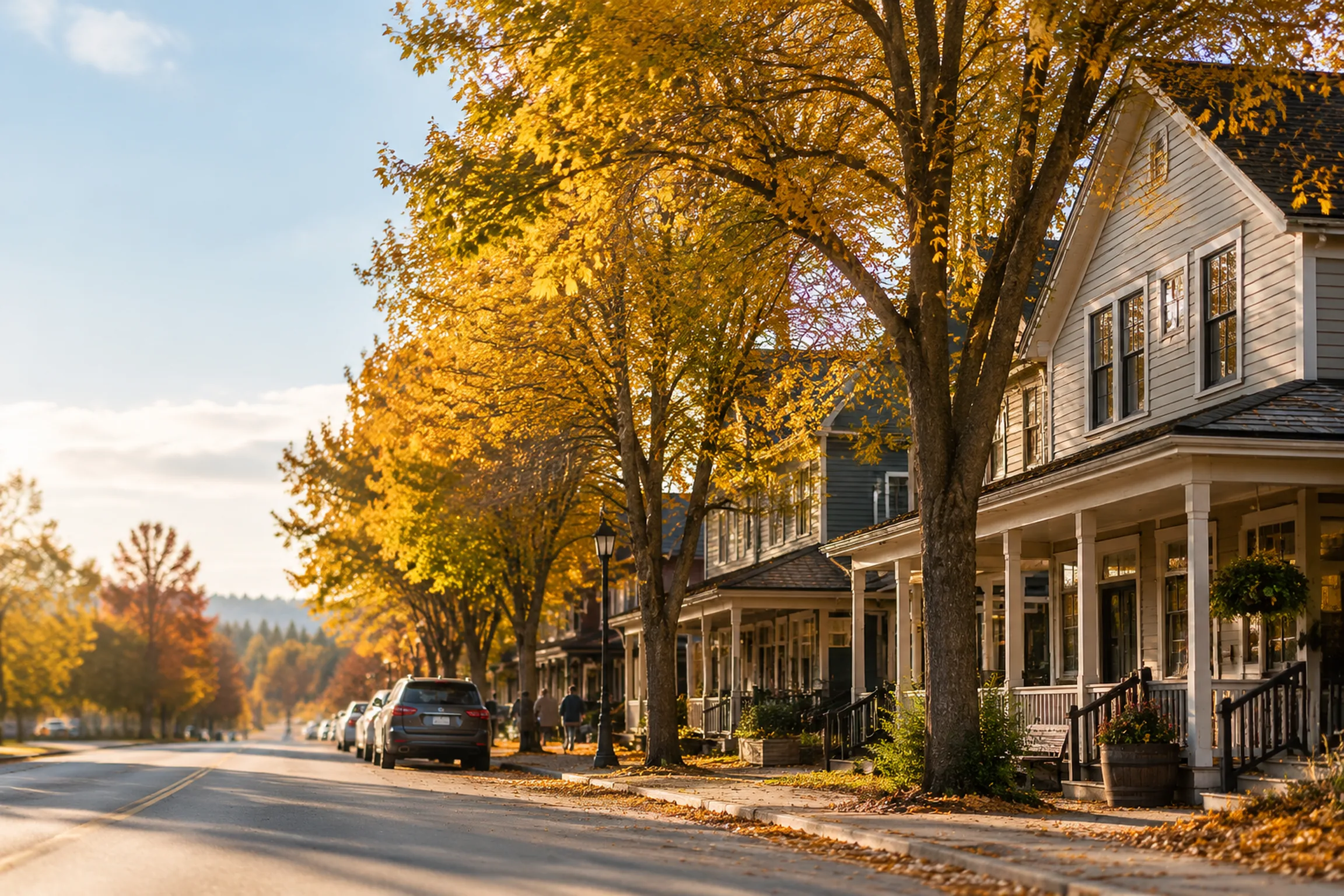 Glover Road in Fort Langley village BC, lined with heritage style storefronts and horse chestnut trees in autumn