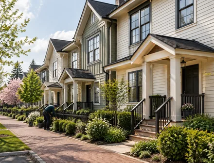 A row of heritage style townhomes, townhomes for sale in Fort Langley, BC