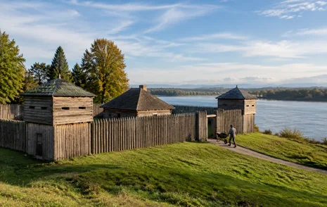 The timber palisade and bastion of the historic fort in Fort Langley, BC