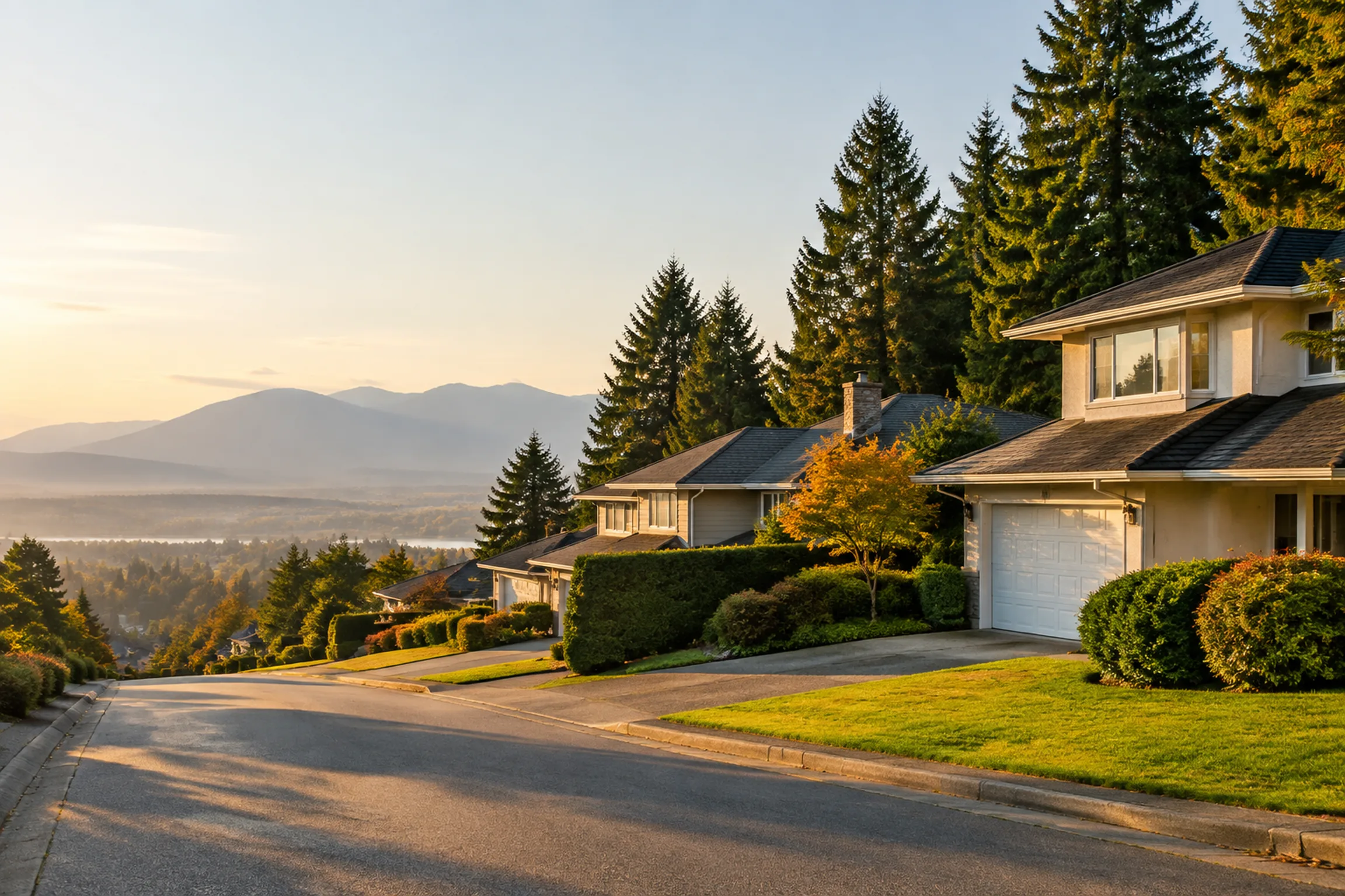 A quiet Fraser Heights street of 2 storey family homes and tall evergreens sloping toward the Fraser River in Surrey BC