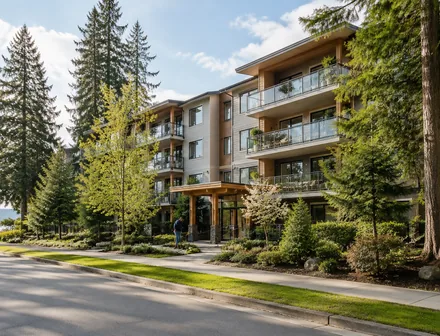 A small low rise condo building among evergreens, condos for sale in Fraser Heights, Surrey